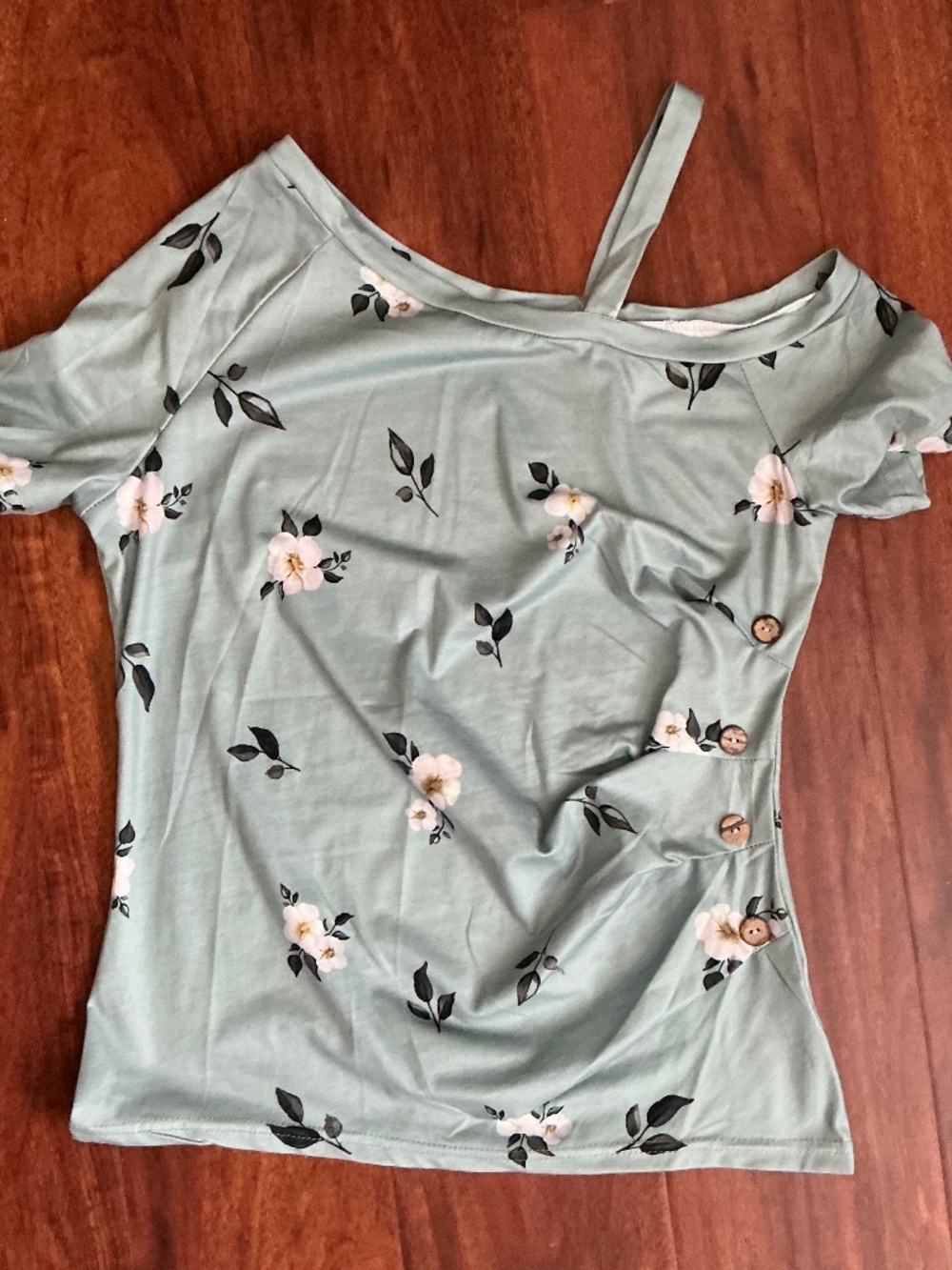 Sage Green Off-Shoulder Top w/ White Flowers